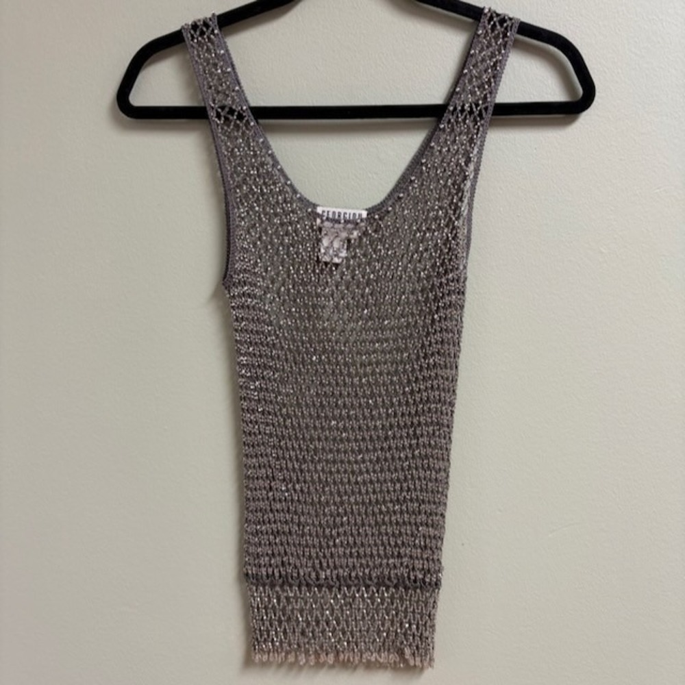Georgiou Studio Metallic Silver Knit Beaded Top Fringe Hem M Y2K Going Out Sheer